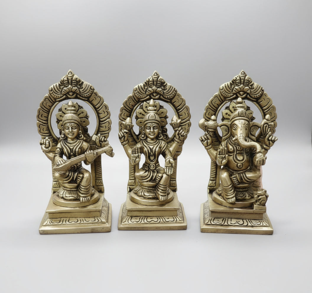 Brass laksmiji Ganesh and Saraswati ji Idol Statue showpiece/Home décor/Statue for Temple/Gift Item, Golden